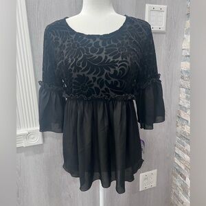 LOVE POINT Black Sheer Velvet Burnout Floral Peplum Blouse XL Whimsigoth Vampy